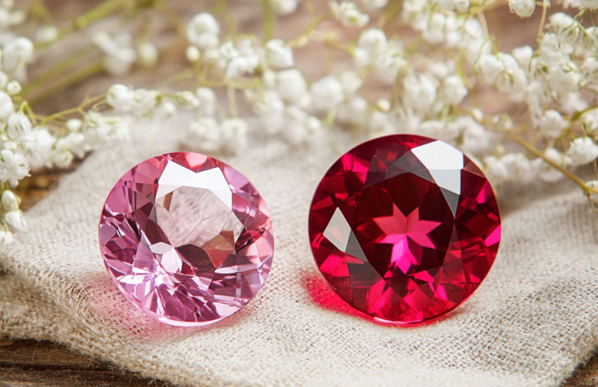 A photograph of red and pink rubies