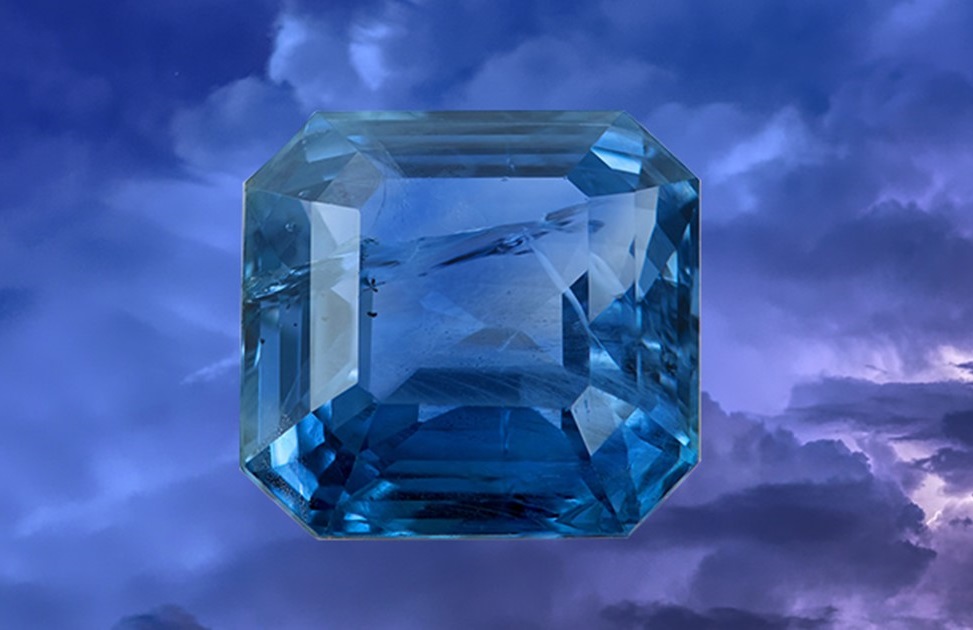 A photograph of a blue sapphire